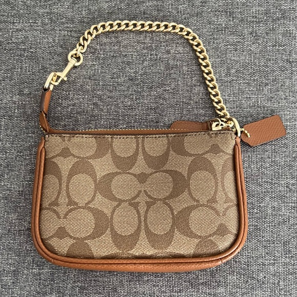 Coach Tan Brown Mini Purse Wristlet Gold Chain C Logo Coated Canvas Small Khaki - Picture 4 of 17